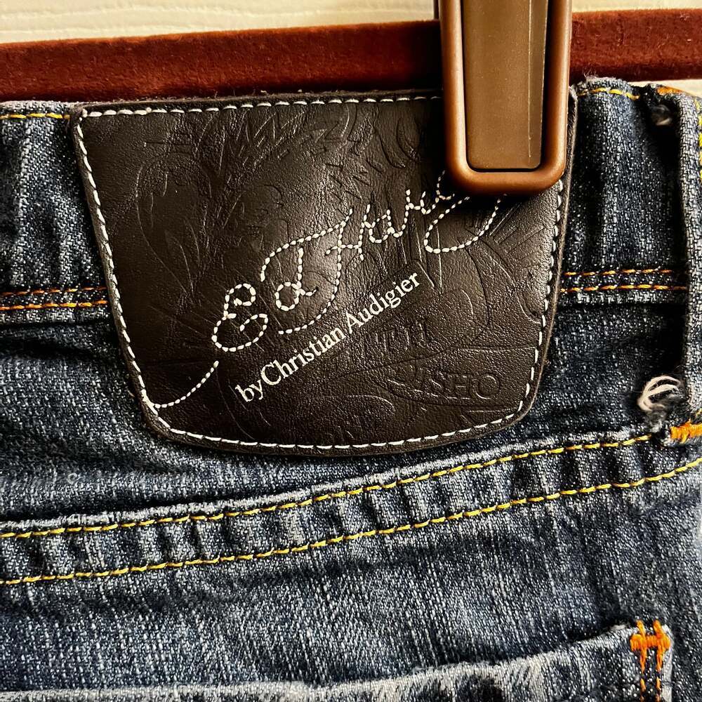 ULTRA RARE~ED HARDY~ TATTOO JEANS ~ SKINNY RAW HEM ~ MIXED MEDIA ~ DOVE~28 - Picture 7 of 16